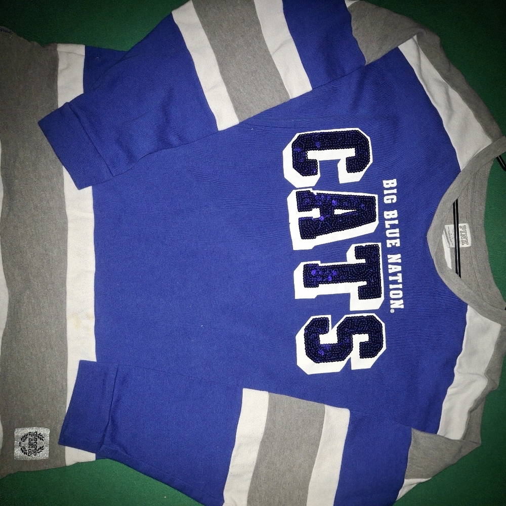 PINK Victoria's Secret Blue and Gray CATS Sweatshirt